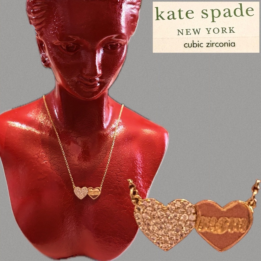 Kate Spade Mom Knows Best Double Script Heart Cubic Zirconia Gold Tone Necklace